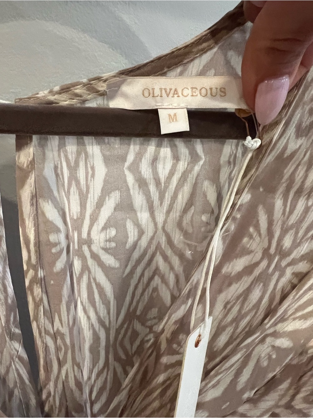 Olivaceous Neutral Printed Maxi Dress with Tie Front - Picture 3 of 4